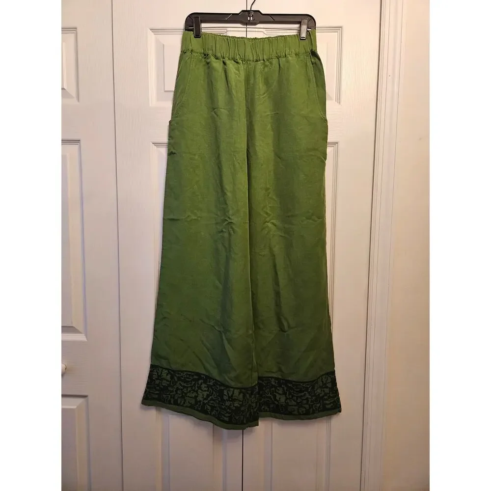 Banana Republic Green High Rise Wide Leg Embroidered Linen Pants, Women's M NWT
